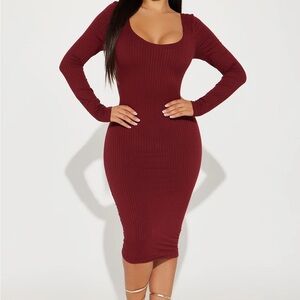 Fashion Nova Deep Red Ribbed Midi Dress